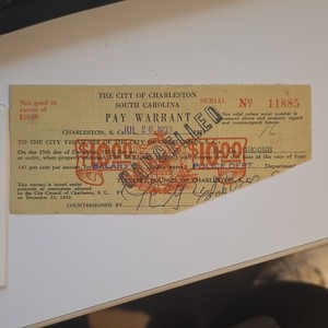 1933 Charleston SC Police Dept $10 Pay Warrant