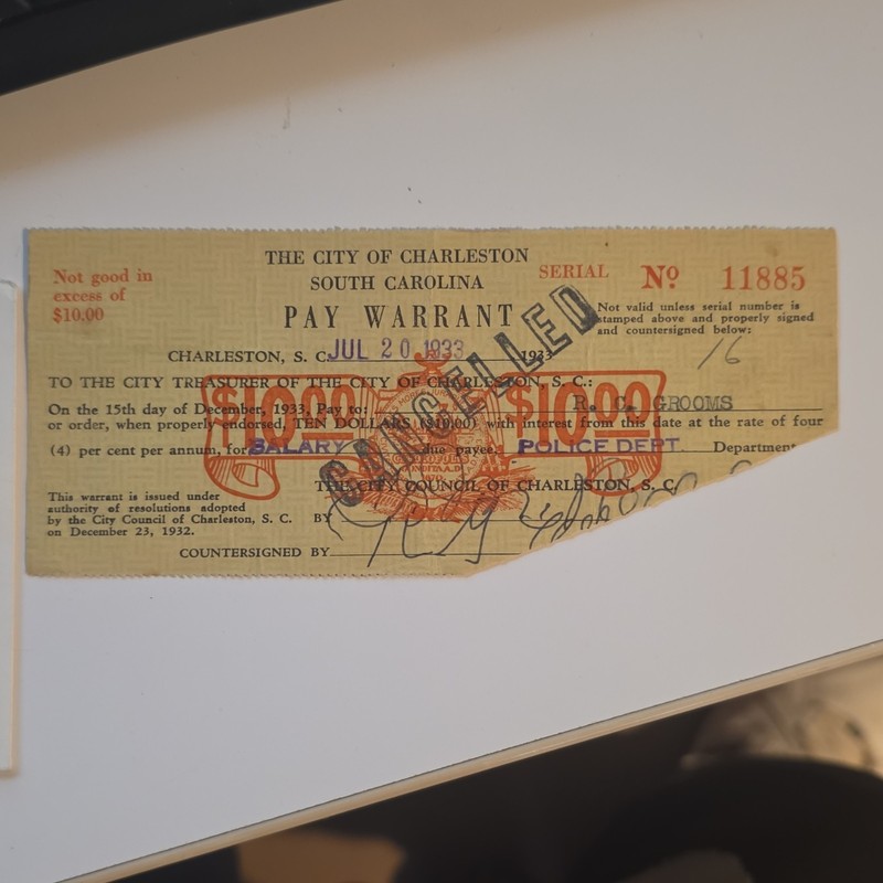 1933 Charleston SC Police Dept $10 Pay Warrant