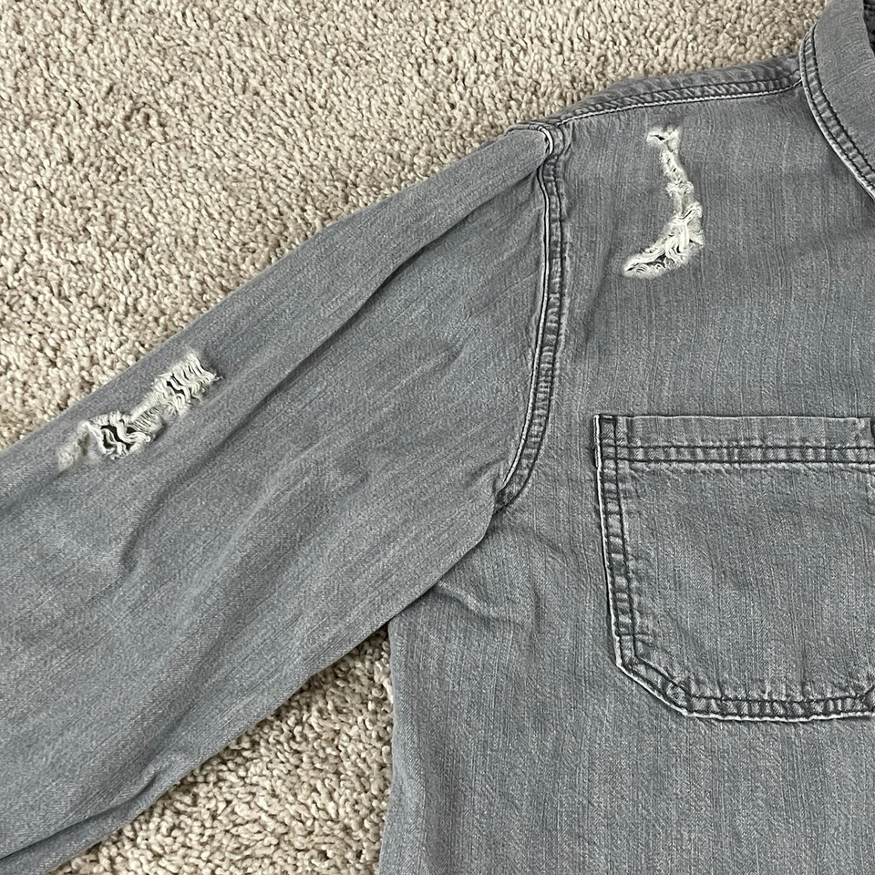 Topman Shirt Men’s Large Gray Distressed Casual Streetwear Chambray Grunge 375 - Image 4 of 4