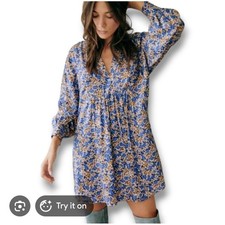 Sezane silk blend blue floral long sleeve dress size 42 (Xlarge) garden party