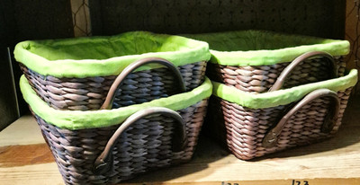 4 Large Brown Wicker Storage Baskets w/Green Fabric Lining L11.5'' x H5'' x W10''