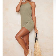 PrettyLittleThing Women's Khaki Short Asymmetric One Strap Shift Dress Size 0