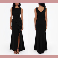 NWT 219 Betsy  Adam  10  Christine Scuba Crepe Ruffled Bow Gown Black Q1289