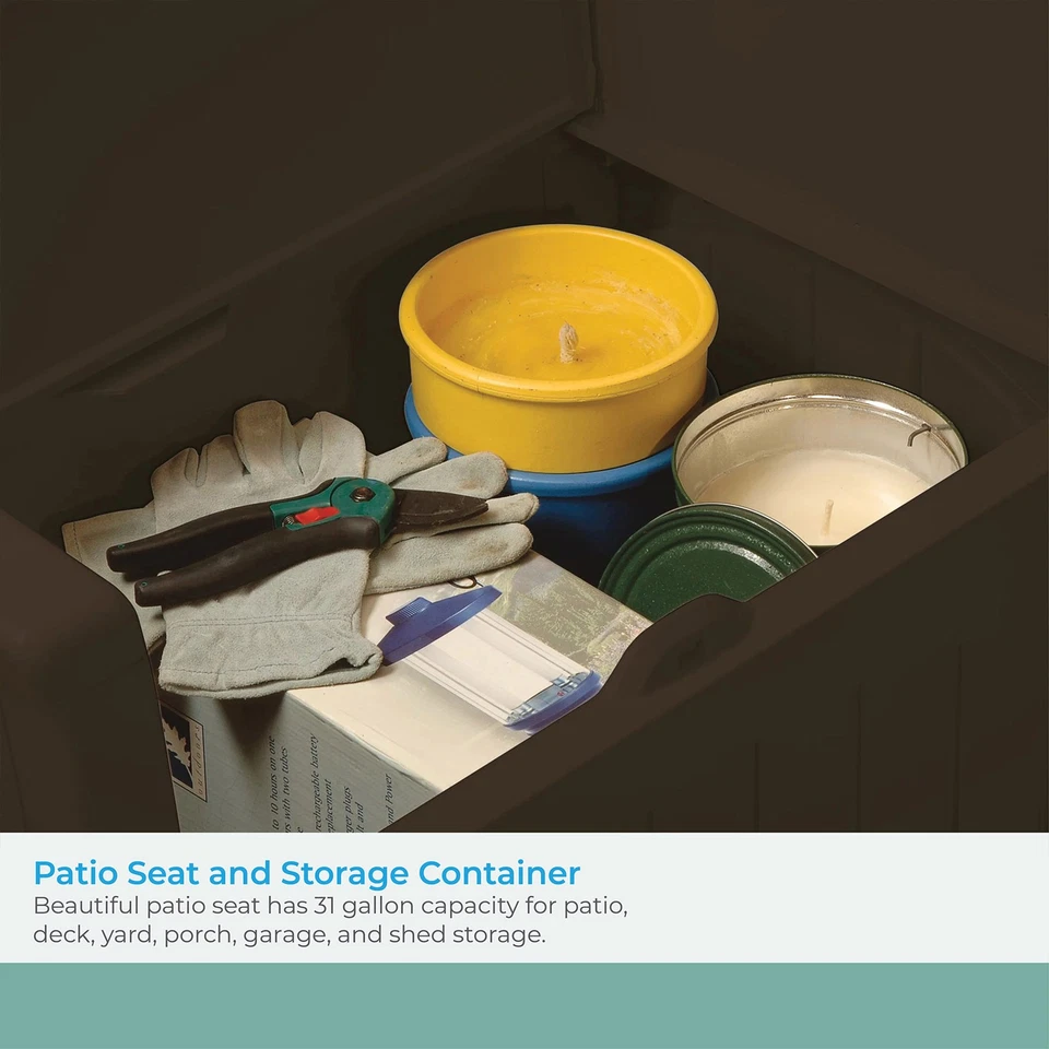 Asiento de patio Suncast 31 galones almacenamiento exterior y silla de banco, Java | PB2600J Foto 3 de 4