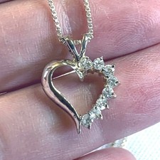 CZ Crystal Open Heart Pendant VTG Solid 925 Sterling Silver 18" Box Link Chain