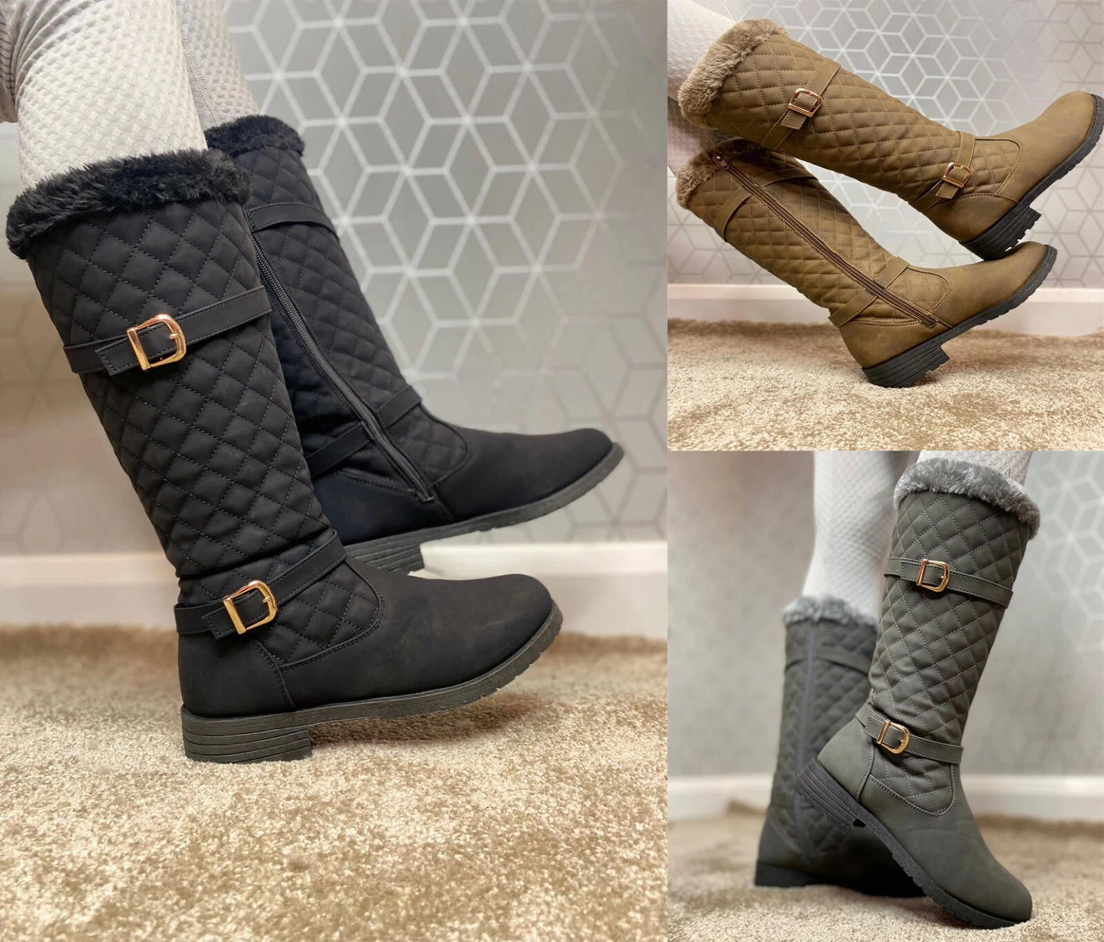 WOMEN WINTER FUR LINED WARM SHOES BUCKLE LOW HEEL LADIES MID CALF BOOTS SIZE 3-8