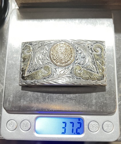 18k Gold 925 Sterling Silver Belt Buckle Plata De Jalisco Mexico Aztec Calendar - Picture 14 of 14