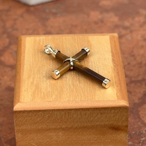 14KT Yellow Gold Tiger's Eye Brown Gemstone Detailed Cross Pendant Charm 36mm - Picture 6 of 7