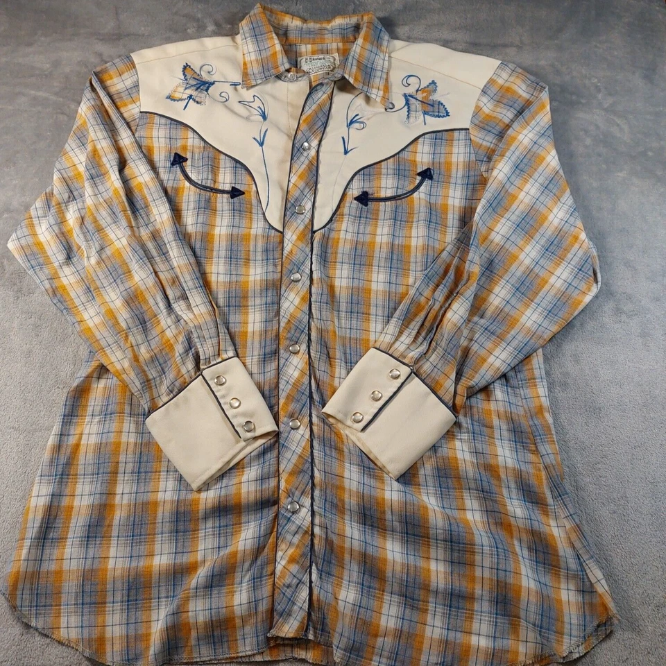 Camisa a Presión Perla H Bar C Vintage Bolsillo Sonrisa Años 70 Cuadros Azul Naranja Blanco Mediana Foto 2 de 4