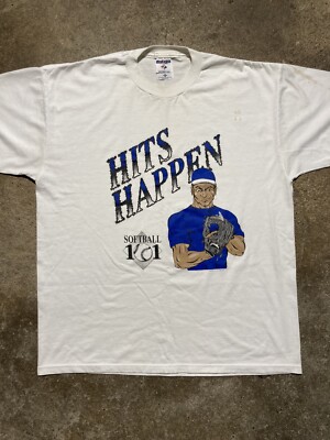 Vintage 90's Softball 101 Hits Happen Baseball T Shirt XL