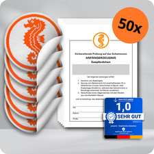 NEU 50x Seepferdchen&reg; Abzeichen zum Aufkleben + 50x Urkunde | Schwimmabzeichen |