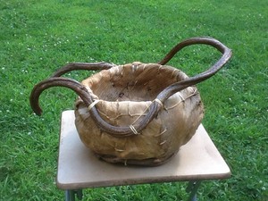 Vintage Hand made Bark Round Basket with Handled Lid.