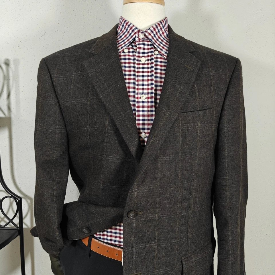 Abrigo Blazer Deportivo Oscar De La Renta Para Hombre Dos Botones Espiga Cuadros Lana 46L Foto 2 de 4