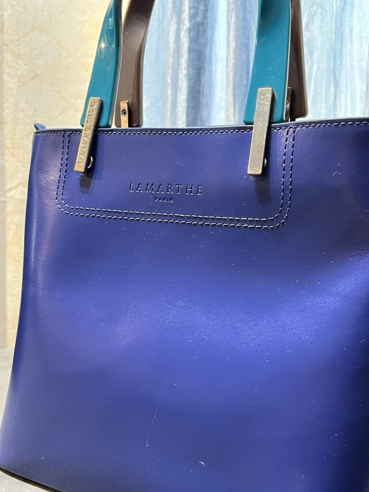 Lamarthe Paris Deep Blue Luxury Leather Handbag with Beige & Light Blue Handles - Image 4 of 4