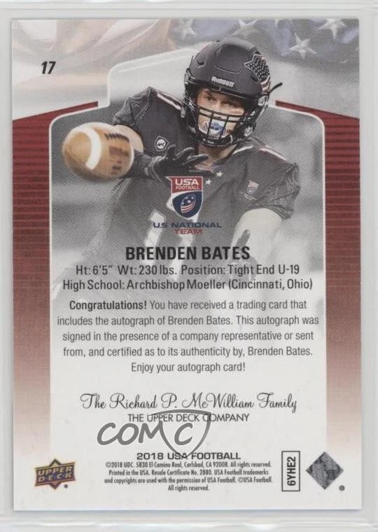 2018 Upper Deck USA Football Auto Brenden Bates #17 Auto - Image 2 of 2