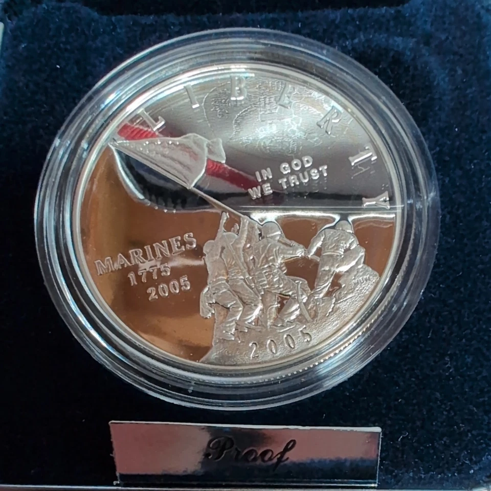 2005 U.S. Mint MARINE CORPS 230th Anniversary PROOF Silver Dollar Set Box & COA - Image 2 of 3