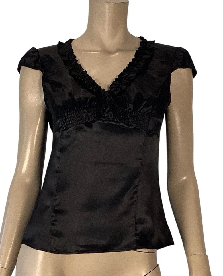REVIEW SIZE 10 AU BLACK SATIN LIGHT BLOUSE RUFFLE V NECK CAP SLEEVES