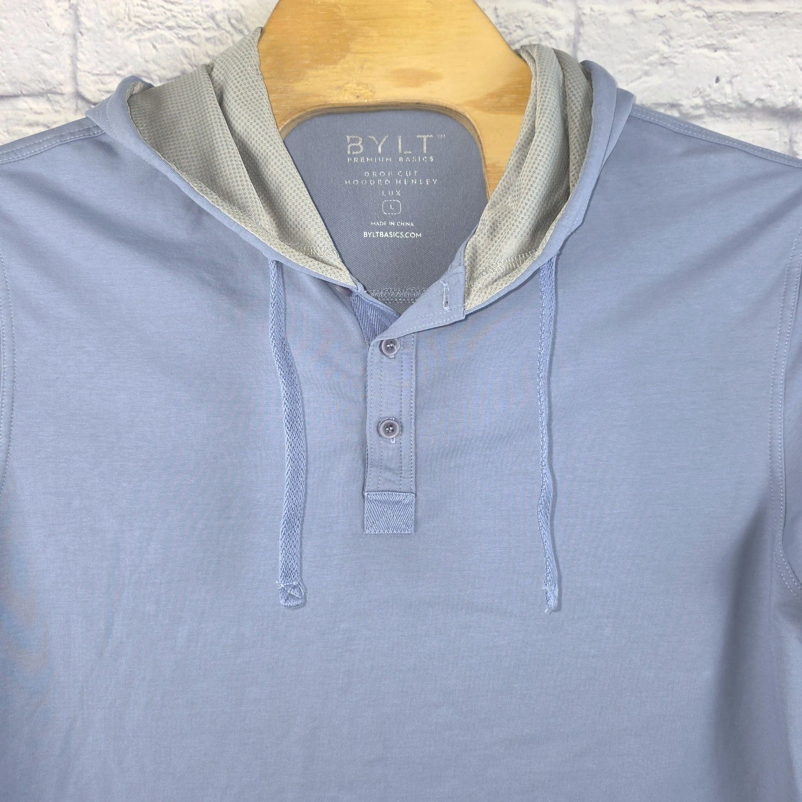 BYLT Men Premium Basics Drop Cut Hooded Henley Lux Blue Long Sleeve Hoodie Large