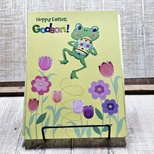 Designer Greetings Easter Card For Godson Frog Yellow Glitter Flowers Egg