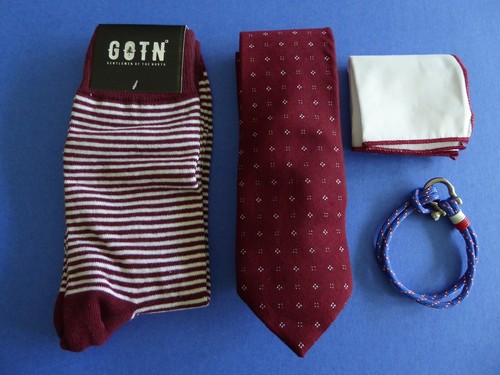 The Dirty Collar Burgundy Tie + GOTN Socks + Pocket Square + Tropicalia Bracelet