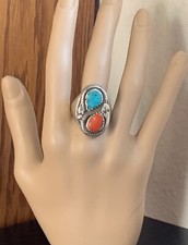 Vintage Navajo Sterling Turquoise  Coral With Snake Character Ring Size 9 3/4