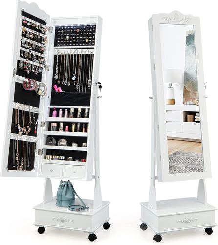 Jewelry Armoire with Full Length Mirror, Standing Lockable Jewelry Cabinet with - Picture 9 of 12