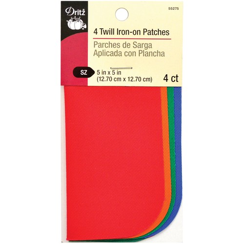 Dritz Iron-On Twill Patches 5"X5" 4/Pkg-Primary Assortment, 55275