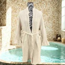 Cream Waffle Knit Spa Robe Belted Bathrobe Pockets Lightweight Luxury Lougewear
