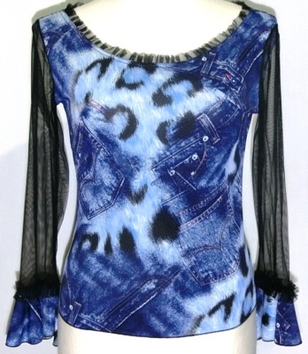 ELISSA PARIS DAMEN SHIRT BLUSE JEANS OPTIK NETZÄRMEL TRANSPARENT Gr.XS34 36 SEXY