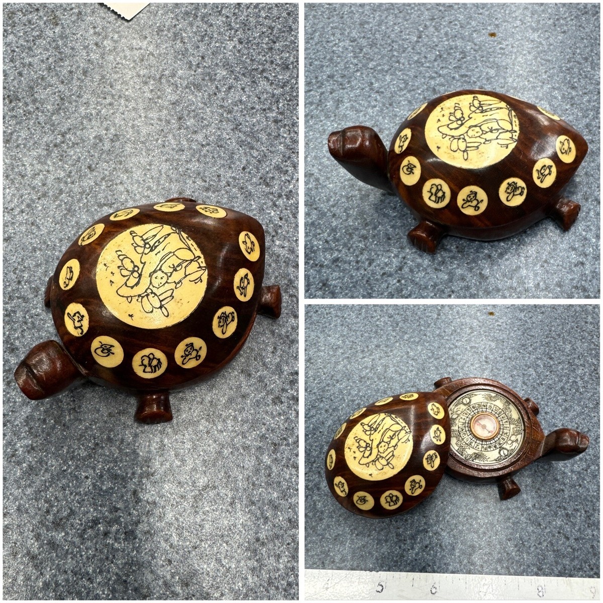 VINTAGE CARVED WOOD TURTLE OPENS TO COMPASS WITH INLAID CHINESE