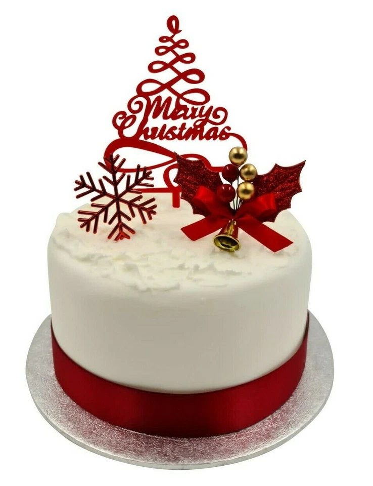 EVELAY LTD 3 piece SET RED HOLLY Merry Christmas Cake Decorations log cupcake toppers
