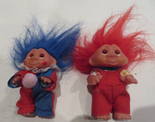 Vintage 1985 DAM Clown Overalls Troll Doll Blue Red Hair Lot of 2
