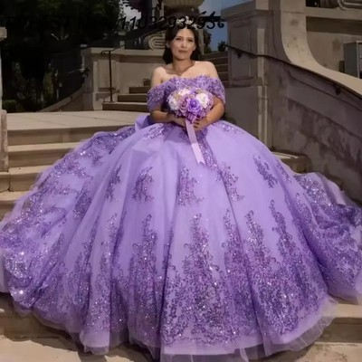 Lavender Lilac Quinceanera Dresses Lace Court Train Sweet 16 XV Party Ball Gown