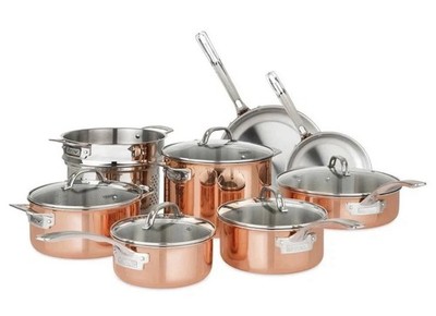 Viking 13-Piece Professional Tri-Ply Copper Cookware Set with Vented Glass Lids