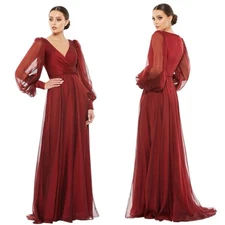 MAC DUGGAL Red Sheer Blouson Sleeve Surplice Gown Size 10 NWT