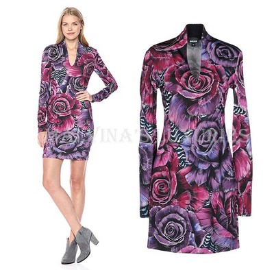 JUST CAVALLI BY ROBERTO CAVALLI DRESS ROSE PRINT PURPLE LONG SLEEVE $720 44 8