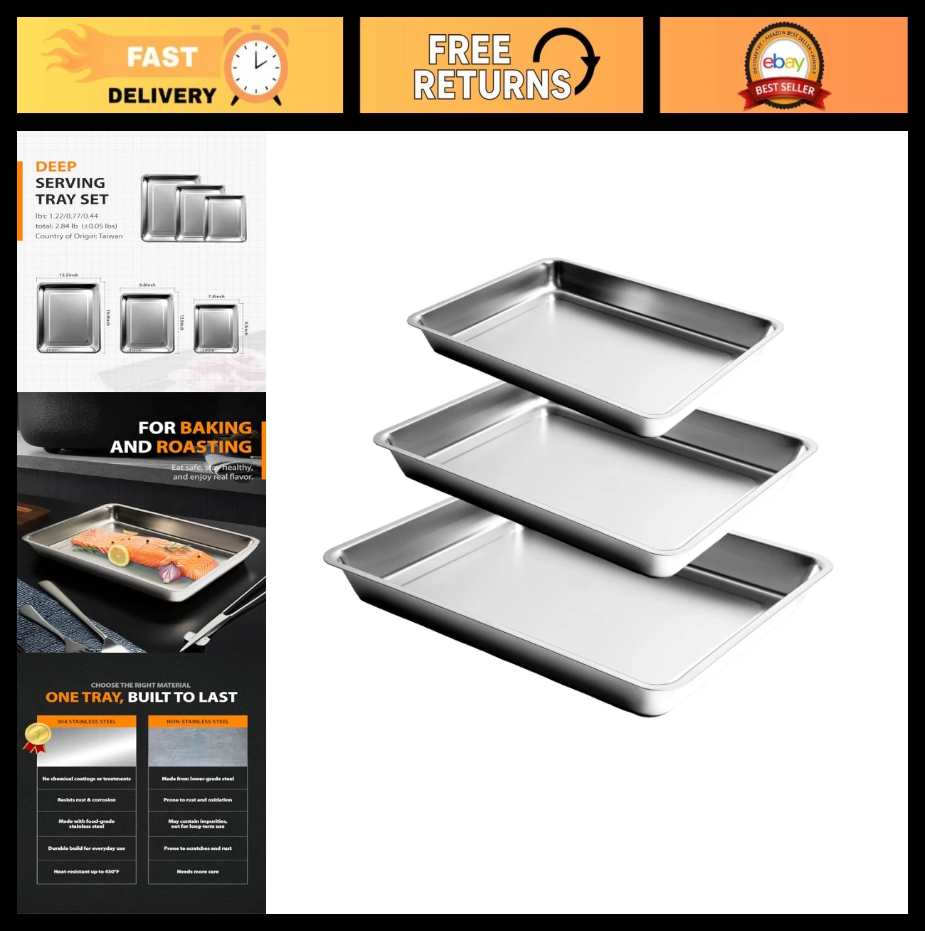 3-Piece Stainless Steel Baking Pan Set, 2-Inch Deep, Oven Safe, Easy Clean, Stac