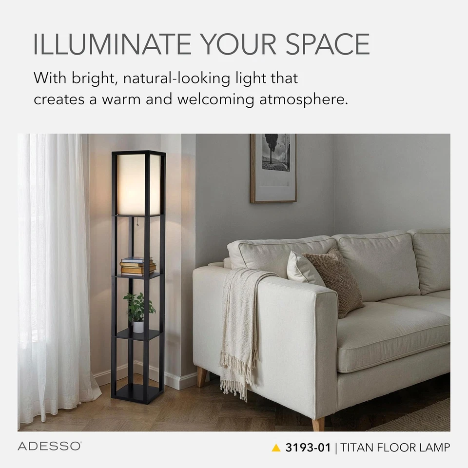 "Lámpara de pie cuadrada con estantes abiertos de 3 niveles, base negra, pantalla de tela, 72"" T x..." Foto 2 de 4