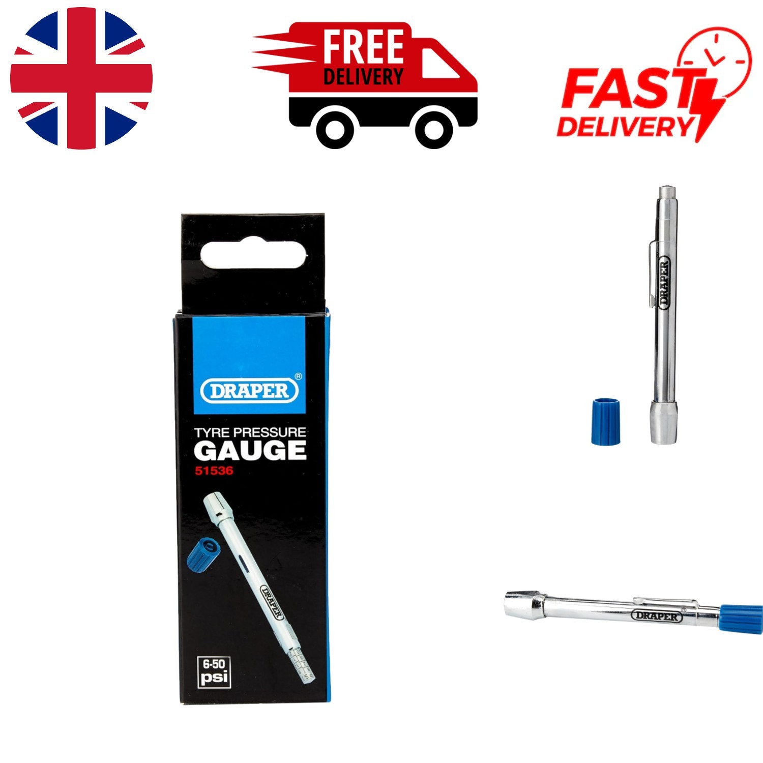 Draper 51536 Tyre Pressure Gauge - Compact Blue Tool for Accurate Readings