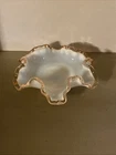 Fenton Glass Milk Glass Rose Crest Bonbon Candy Dish 6" Wide Ruffled Pink Rim