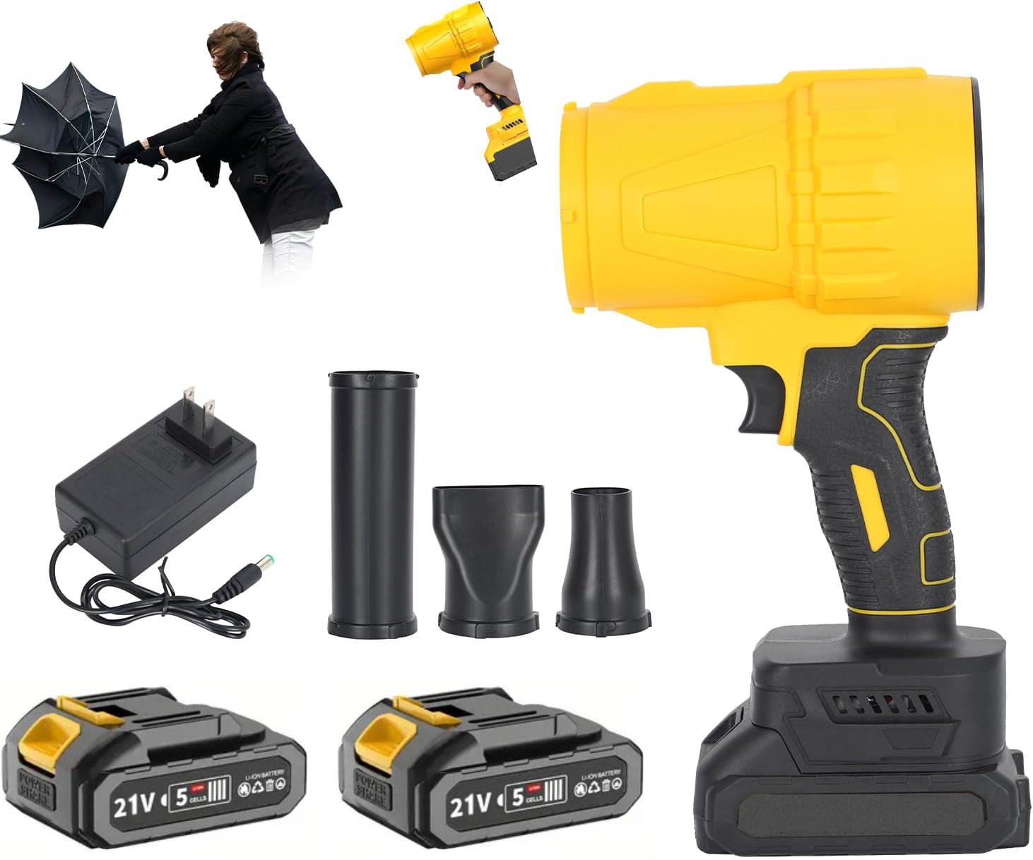 Cordless Leaf Blower Handheld Turbo Fan with 2x Batteries, Charger, Nozzle Kit