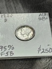 UNC-, 1920-D 95% FSB Mercury Dime. Perimeter toning &Mint Luster. Never cleaned