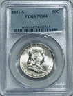 1951 S Franklin Silver Half Dollar PCGS MS64