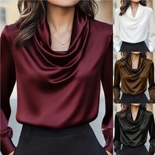 Women's Elegant Draped Neck Blouse, Solid Color Ruffle Detail Long Sleeve Shirt
