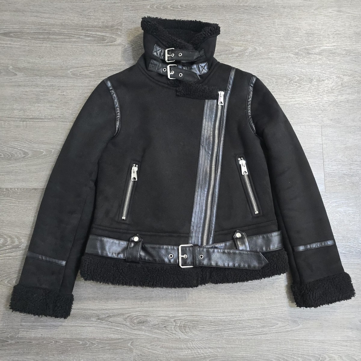 Zara Black Faux Suede Fur Shearling Moto Sherpa Lined Biker Jacket