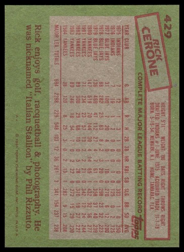 1985 Topps #429 Rick Cerone New York Yankees NM+ - Picture 2 of 2