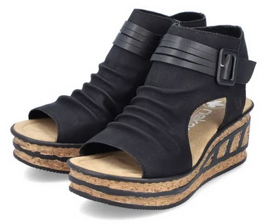Rieker Sandale Schwarz Keilsandale Plateau Sandalette Reißverschluss Schnalle - Bild 1 von 4
