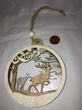 CHRISTMAS TREE ORNAMENT WOOD SILVER DEER ELK HUNTING NATURE HOLIDAY DECOR 3 3/4"