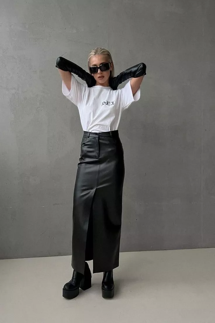 New Women s Casual High Rise Black PU Split Front Maxi Skirt. UK 8