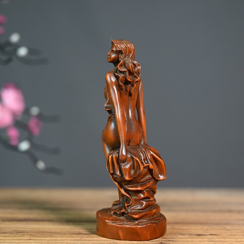 Chinese Boxwood Wood Carving Sexy Beautiful Woman Statue Wooden Sculpture Decor - Picture 4 of 18